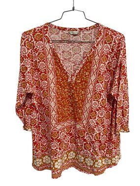 Lucky Brand Peasant Top Size XL Floral Quarter Sleeve Red White Boho Cottage